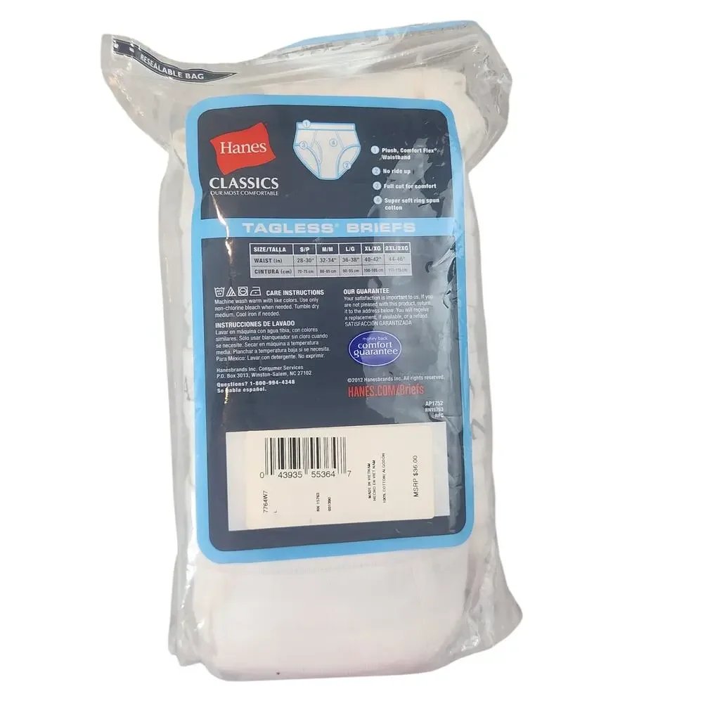 Hanes‎ Classics Tagless Briefs 6-Pack White 100% Cotton Comfort Flex Men’s Large